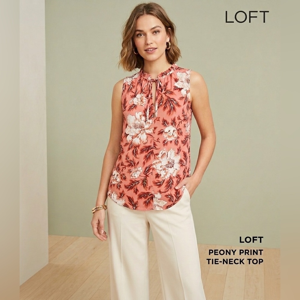🌸✨ LOFT Petite Floral Ruffle Neck Blouse | SP | Pink & Tan